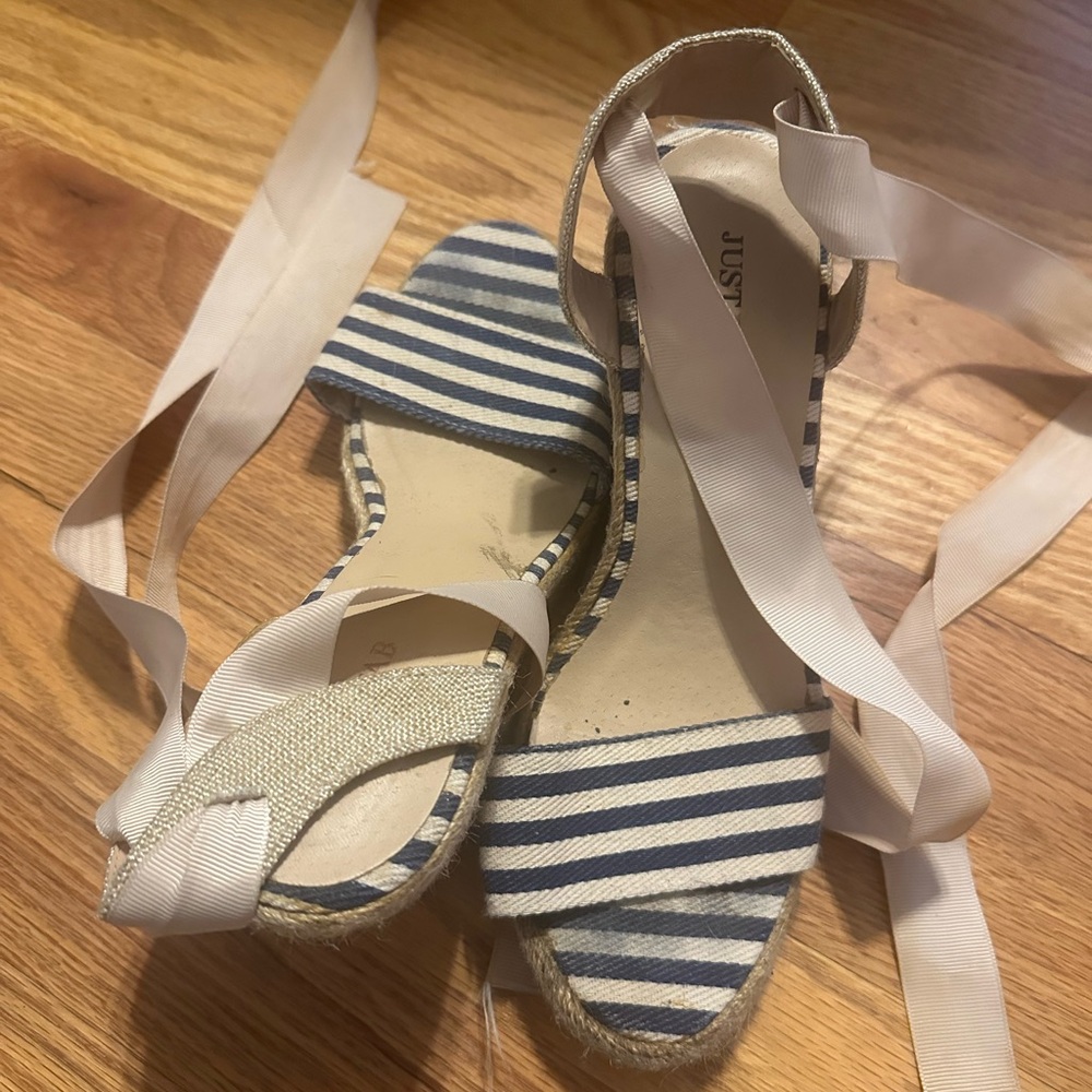 JustFab Blue and White Striped Espadrille Wedges